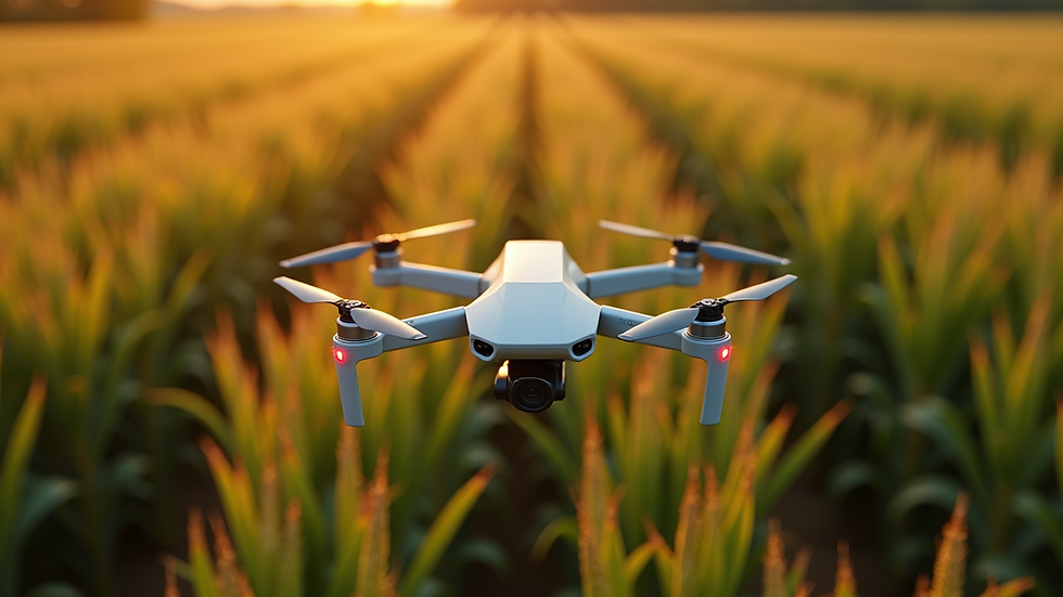 High angle view of a drone flying over a large cornfield