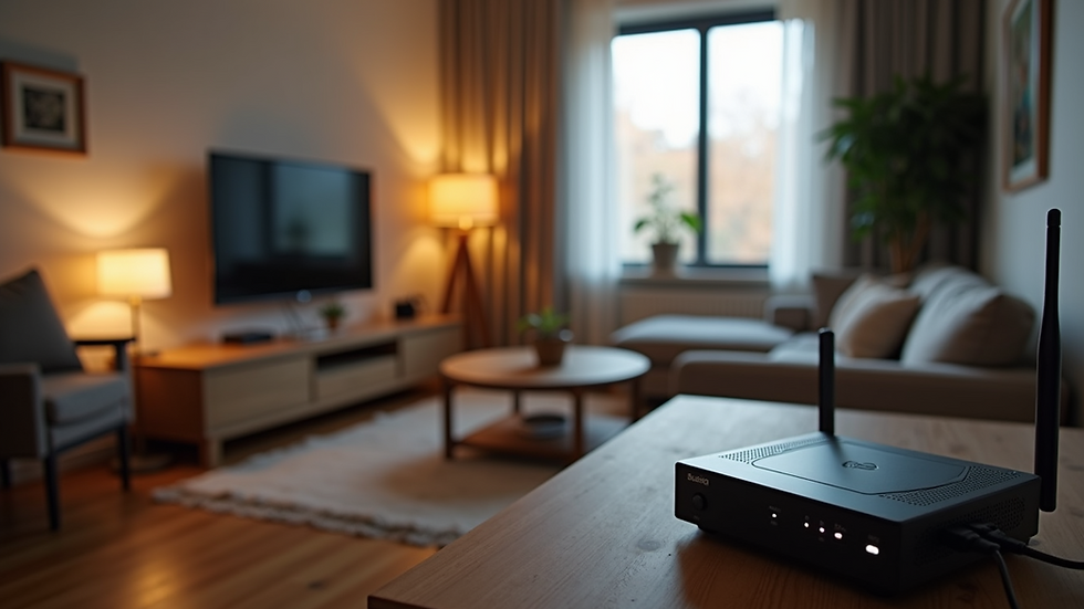High angle view of a mesh Wi-Fi system setup in a living room