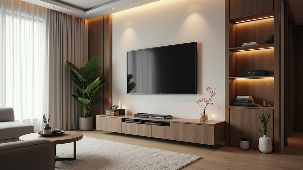 Eye-level view of a modern living room with a wall-mounted flat-screen TV