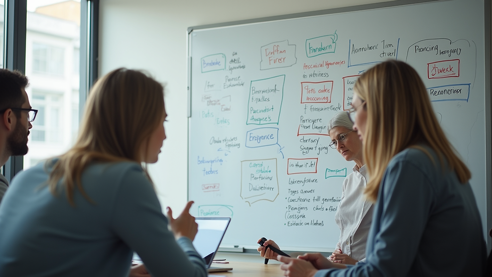 Eye-level view of a team brainstorming ideas on a whiteboard