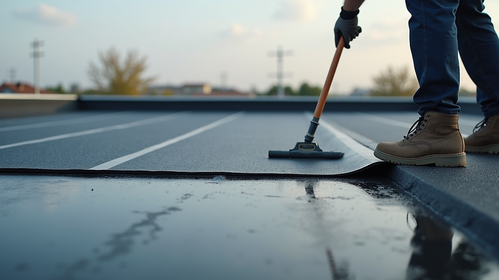 Close-up view of bitumen roofing membrane being installed on a flat roof