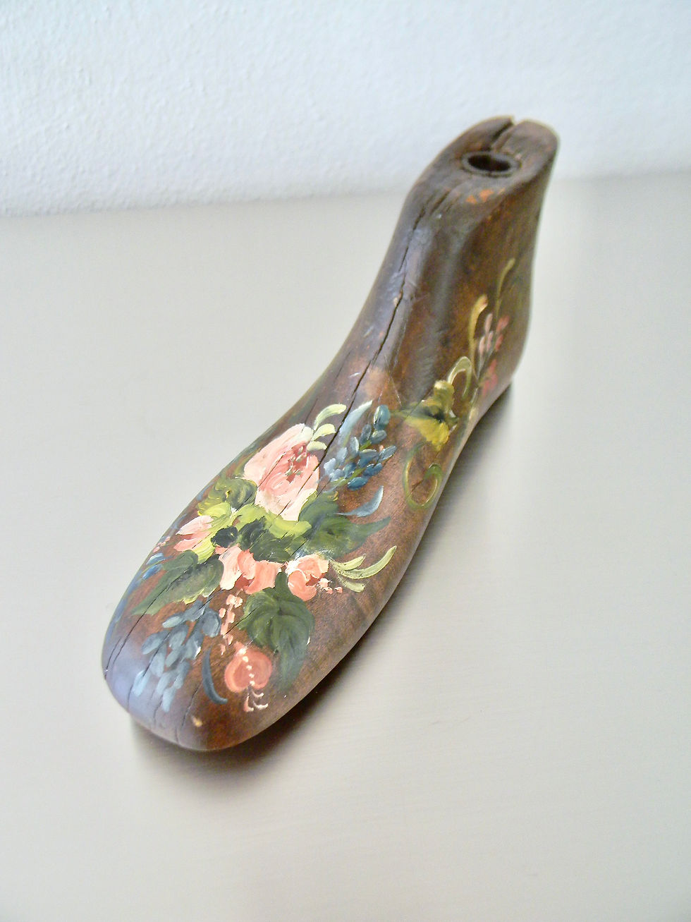 Thumbnail: Antique Hand Painted Wood Childs' Shoe Last With Floral Motif
