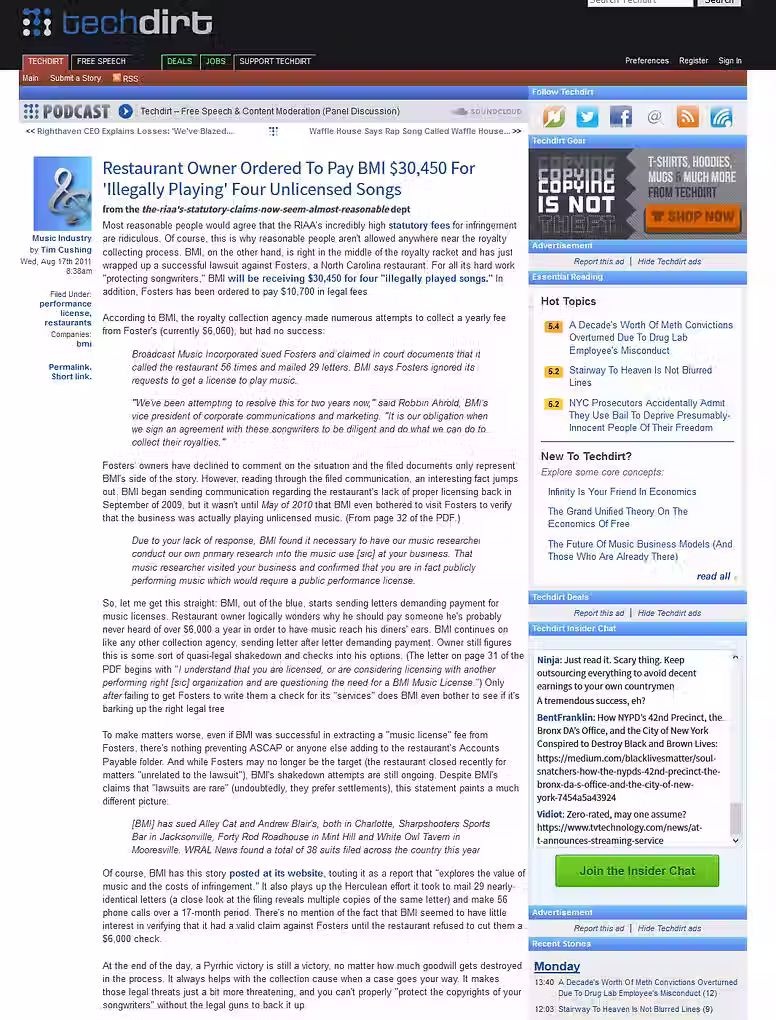 미국 노스캐롤라이나주의 한 식당(Fosters)이 저작권 라이선스 없이 노래를 틀었다가 막대한 벌금