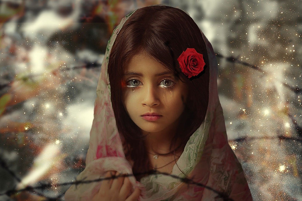 Girl adorned with a red rose amid barbed wire