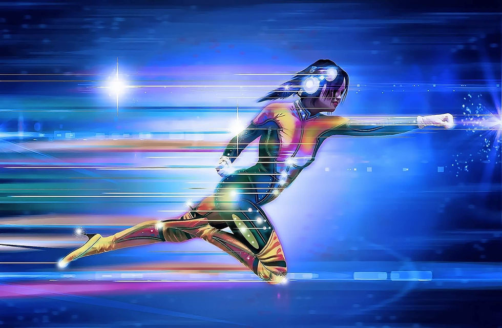 A digital rendering of a superhero zipping through space