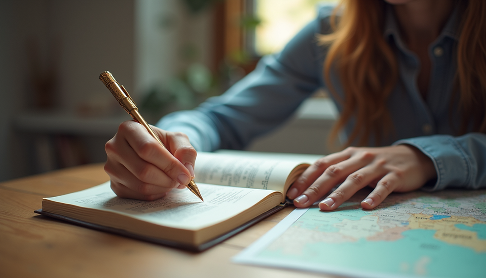 A person taking notes while looking at a map