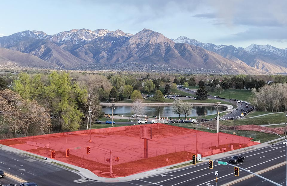 The red shape identifies the property at 2111 S. 1300 E.that is under consideration for a zoning change.