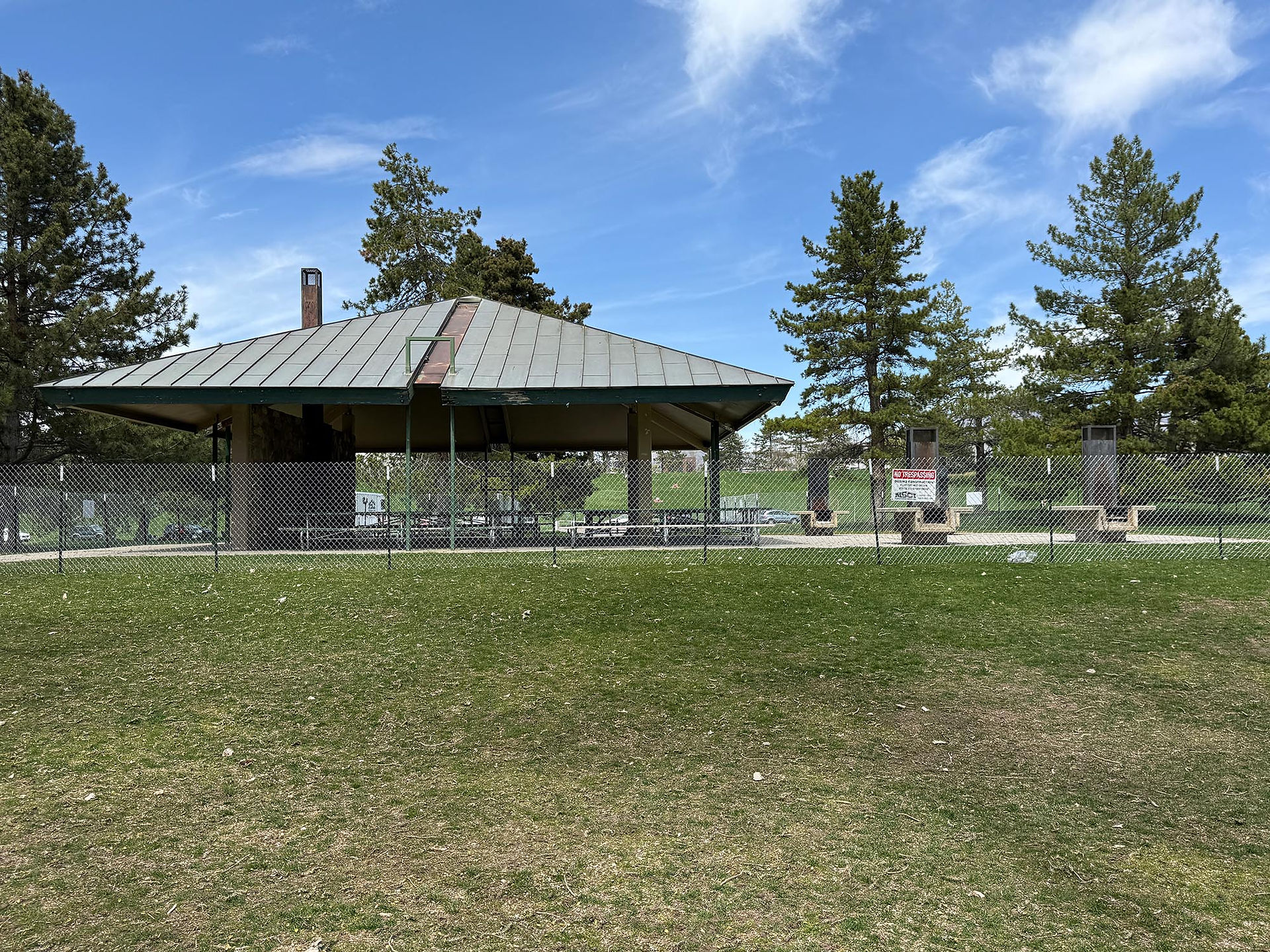 Far view of fencing around Big Field Pavilion