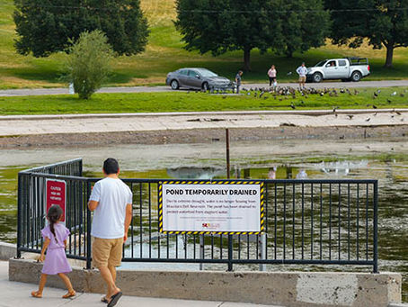 Park Visitors Read Signage About Pond Being Temporarily Drained