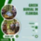 Green burial event poster in Florida; shows people placing flowers on a natural coffin. Event details: Sept 18, 2025, via Zoom, RSVP email.