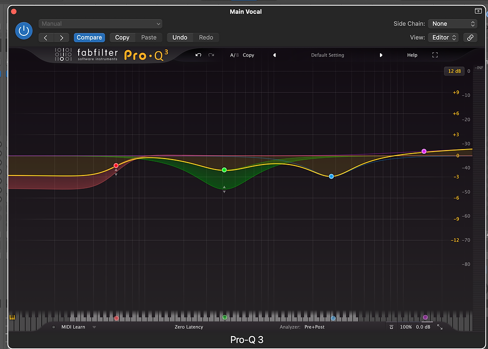 Harry Binns Music vocal mixing with FabFilter Pro Q3 or Pro Q4 showing selective notch cuts and dynamic EQ
