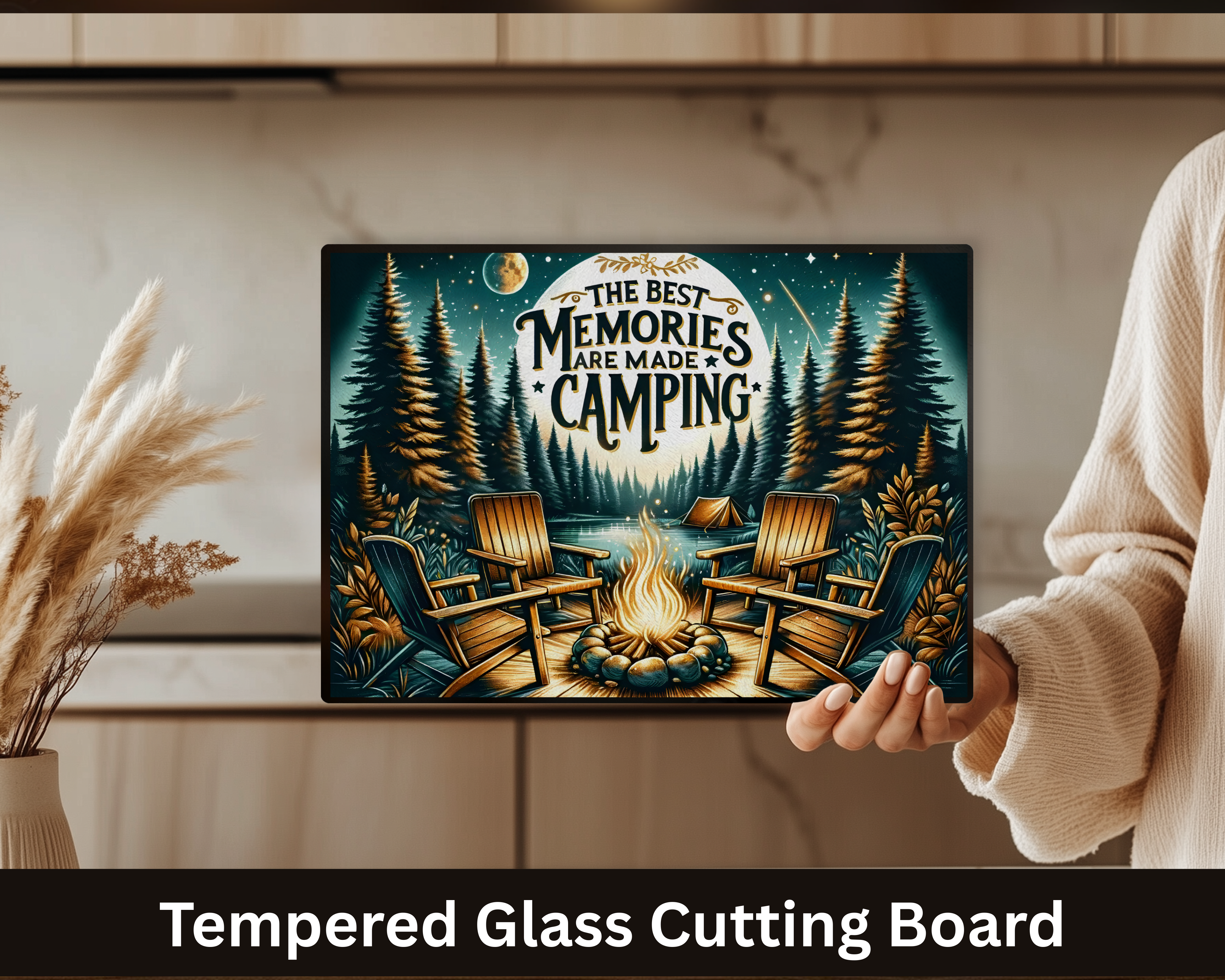 Camping Memories 11x7.87" Glass Cutting Board with Campfire