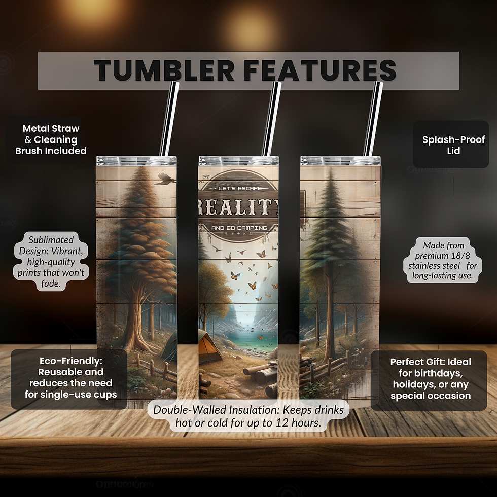 Thumbnail: 20oz camping tumbler with tranquil lake and campsite artwork