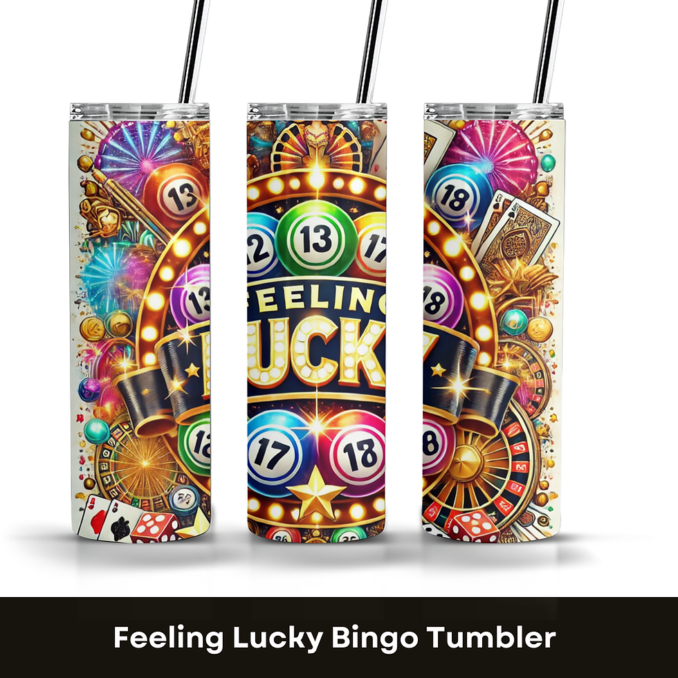 Thumbnail: Bold, colorful bingo card design with 'Feeling Lucky' text, dauber, and vibrant number balls for 20oz tumbler sublimation