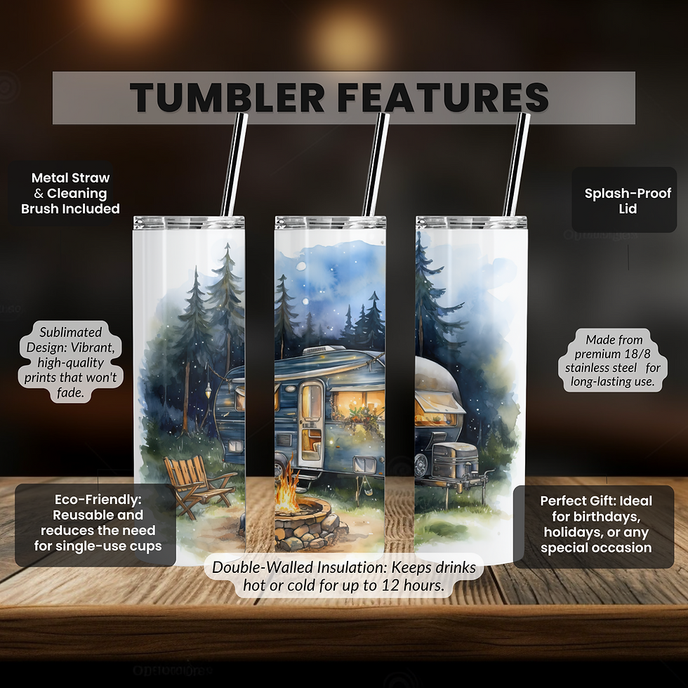 Thumbnail: 20oz camping tumbler with RV and campfire artwork