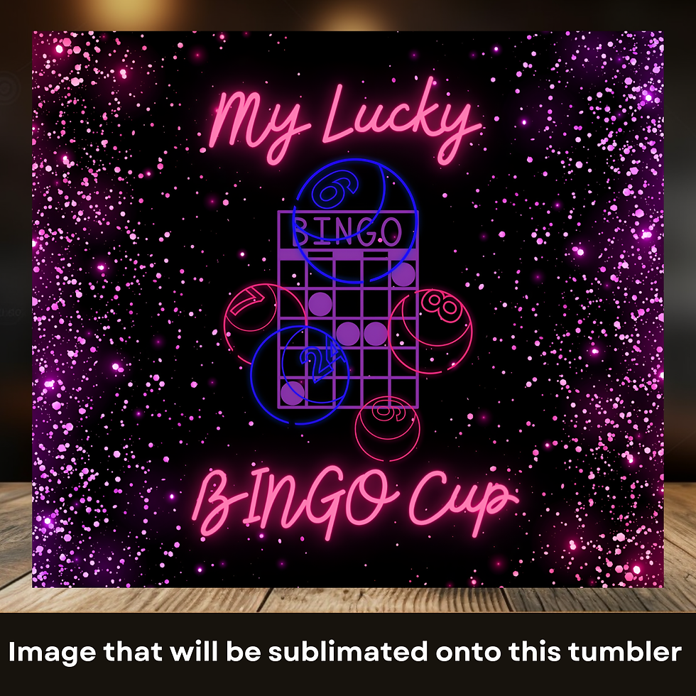 Thumbnail: Full sublimation design for purple bingo tumbler featuring royal-themed bingo elements and 'Lucky Bingo Cup' phrase