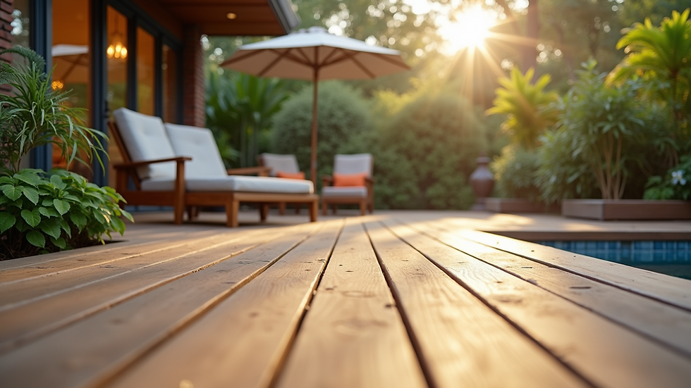 Eye-level view of a beautifully designed wooden deck with outdoor furniture
