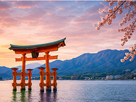 Original wide Japan travel cover featuring a sunset torii gate and mountain lake