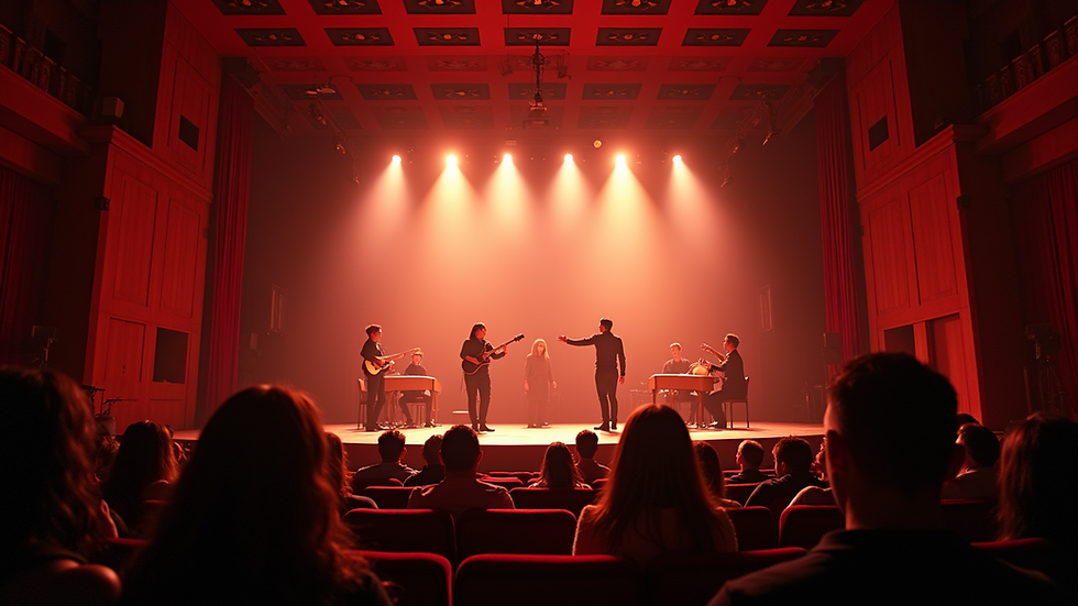 Eye-level view of a theater stage with international performers