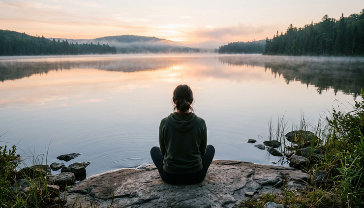 Eye-level view of a person sitting quietly beside a still lake at sunrise