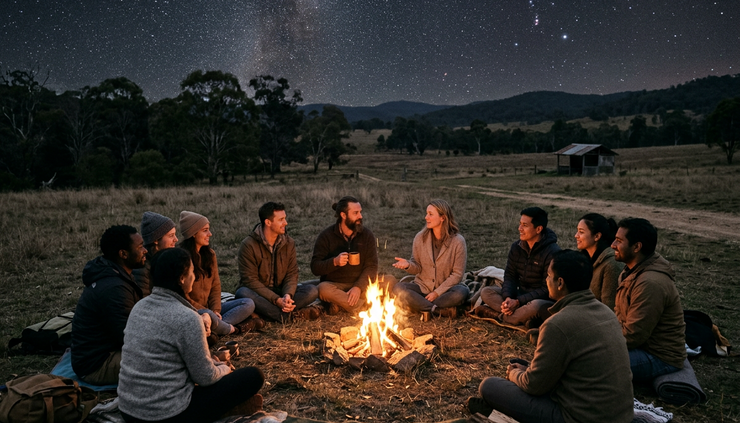 Wide-angle view of people gathered around a small fire under a starry sky