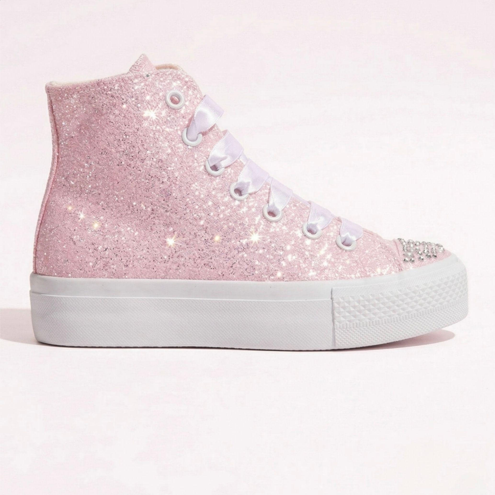 Pink Glitter Platform Bridal Sneakers, Barbiecore Custom Embroidered Wedding Sho