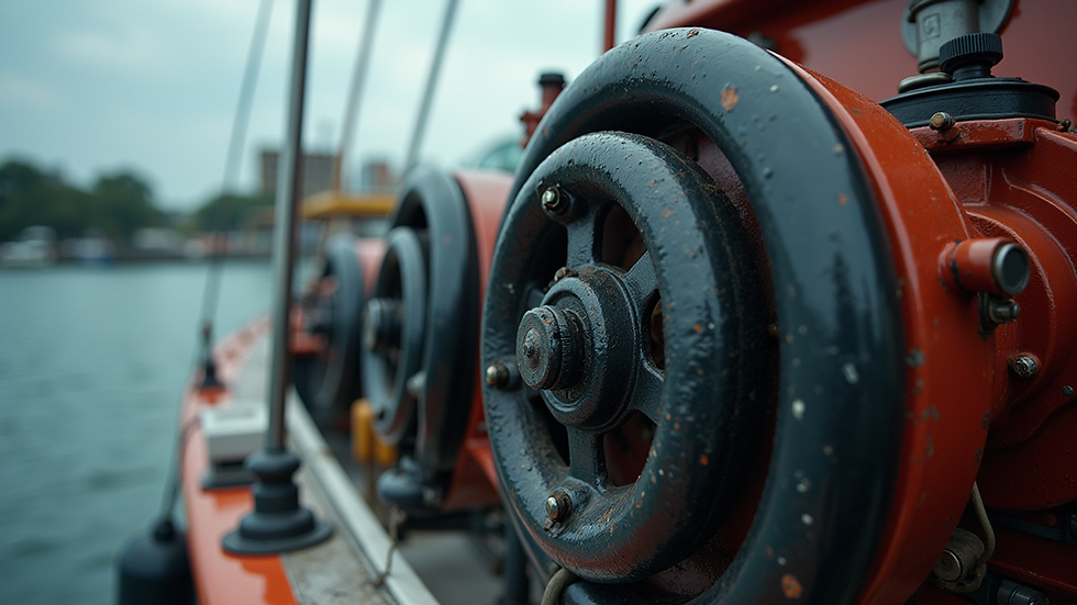 Eye-level view of a marine engine installed on a boat docked in South Jakarta