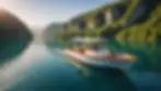 Wide angle view of a sustainable eco-friendly boat in calm waters