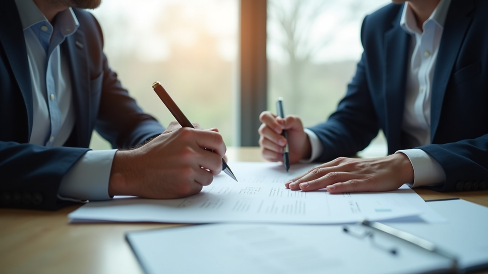 Close-up view of an insurance broker discussing policy documents with a client