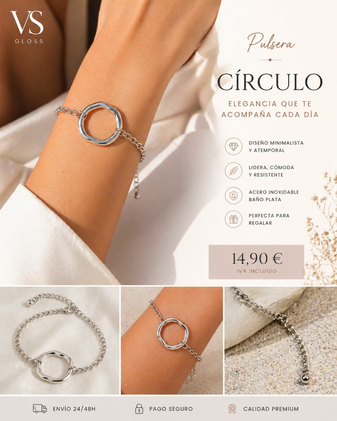 Pulsera de acero con círculo desigual muy estiloso y cadena de acero