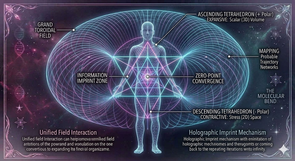 Image of a toroid centering from the human heart and the star tetrahedron overlayed.