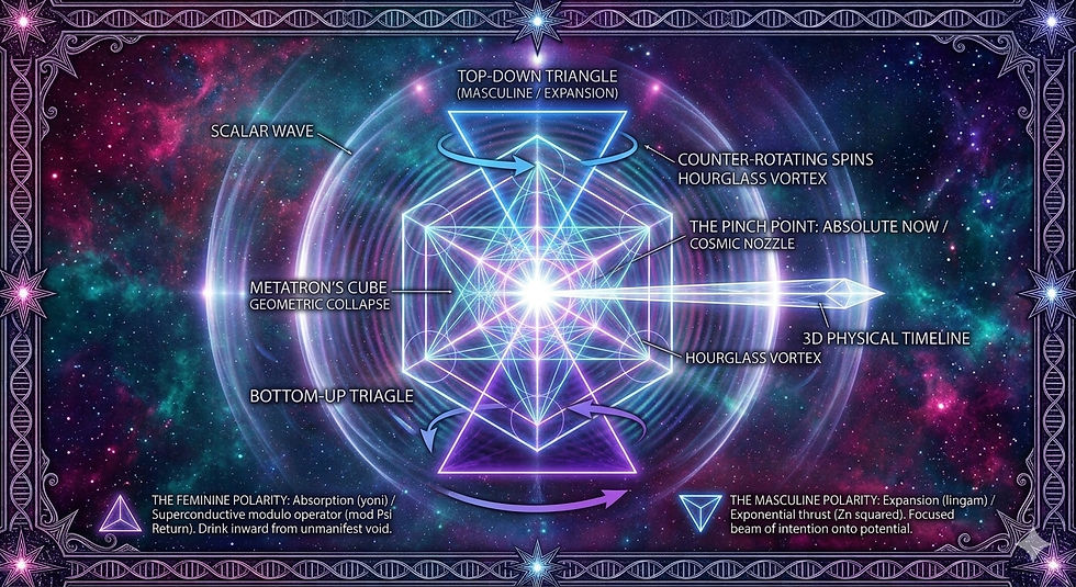Graphic of a Scalar Wave Encompassing the Skeleton of Metatrons Cube to show the way energy flows on the Grid level and the Star Tetrahedron/Hour Glass showing the 0 point pinch (the Ven) for where creation moves from non physical to physical