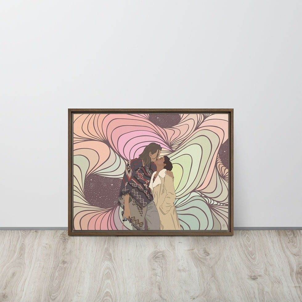 Thumbnail: Love Like Sherbert fine art canvas print in a natural wood floating frame featuring a surreal pastel abstract couple.
