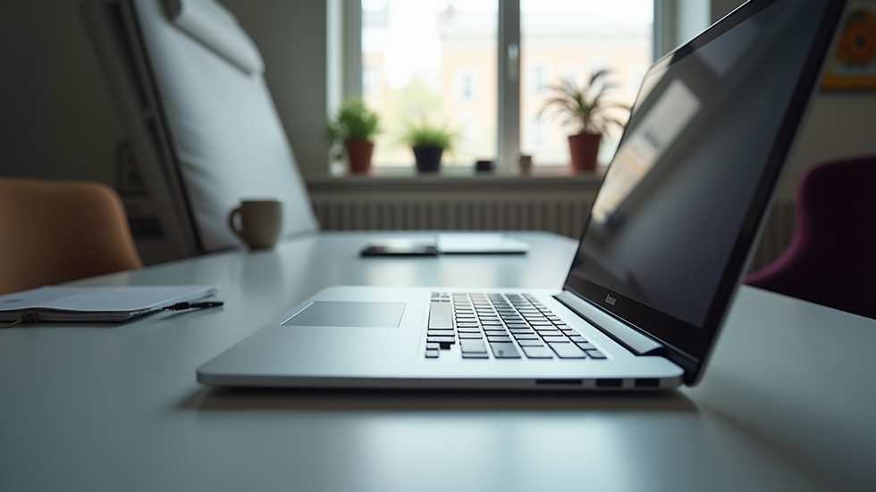 Eye-level view of a modern workspace with a focus on a sleek desk and a laptop