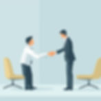 Two men in suits shaking hands in a minimalist office with beige chairs. The mood is professional, set against a light blue background.