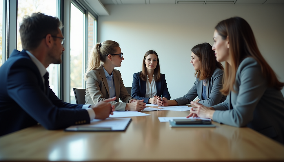 Five professionals in a meeting room, engaged in discussion. Sunlit windows in the background. Business attire, serious and focused mood.