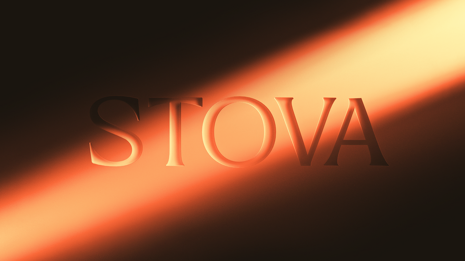 3D render of Stova logo in serif font, embossed on a plane and illuminated by a beam of orange light.