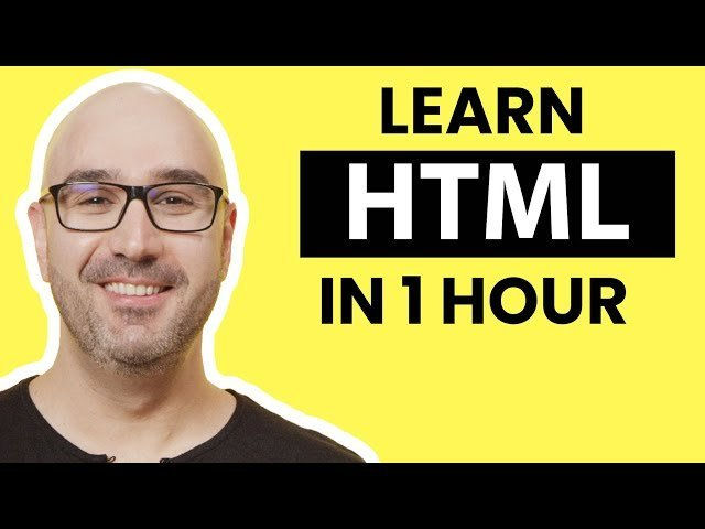 Smiling person wearing glasses on a bright yellow background. Bold text reads "Learn HTML in 1 Hour." Mood is uplifting and educational.