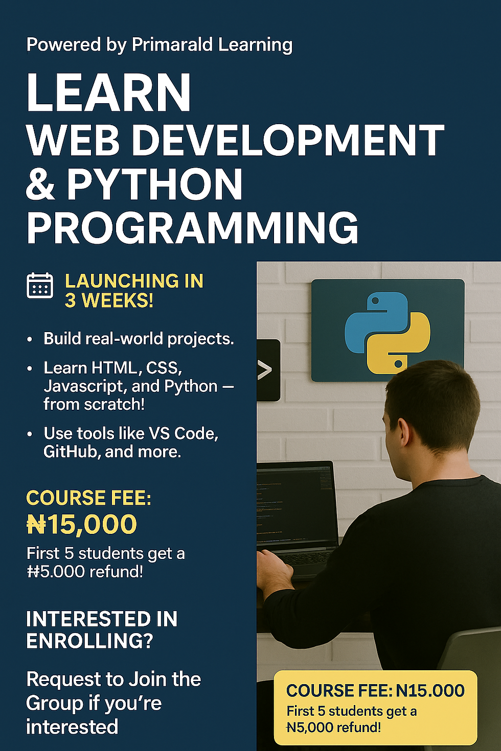Online course poster: "LEARN WEB DEVELOPMENT & PYTHON". Features include real-world projects, HTML/CSS, tools like VS Code. Launches in 3 weeks.