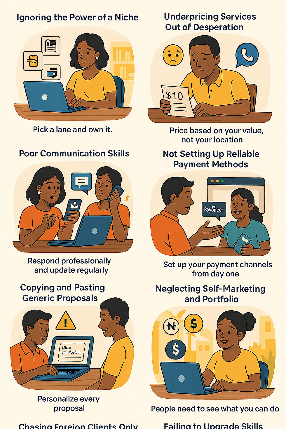 Illustration of freelancers encountering issues like poor communication, underpricing, and lack of self-marketing. Includes advice text.