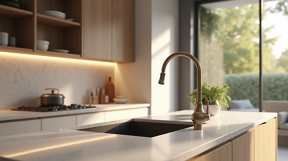 Close-up view of a 3D rendered kitchen with premium finishes and lighting