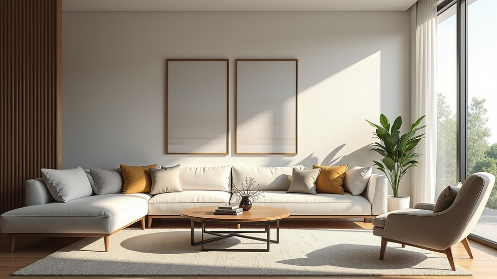 Eye-level view of a modern living room rendered in 3D with natural lighting