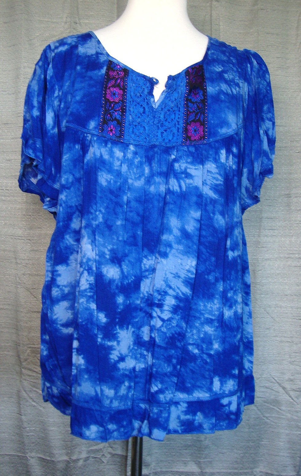 One World blue tie-dye blouse with embroidered lace yoke
