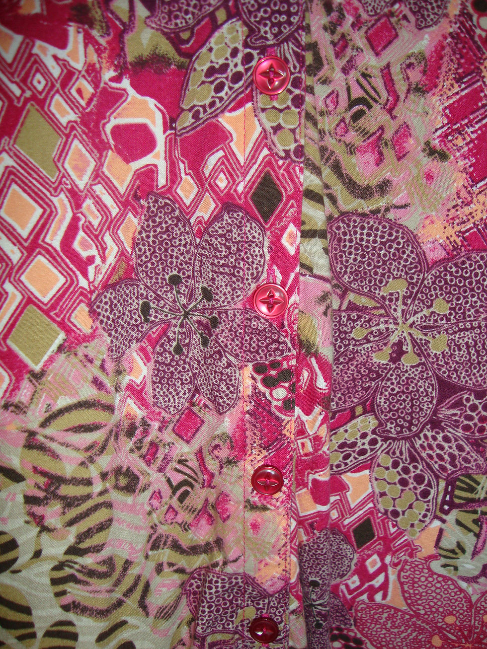 Thumbnail: Close-up of multicolor patchwork floral button-front blouse