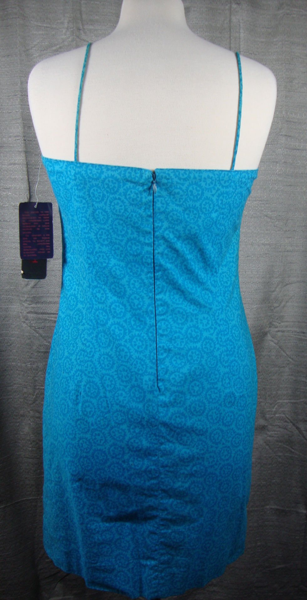 Thumbnail: Back view of Ralph Lauren turquoise sleeveless dress with zipper.