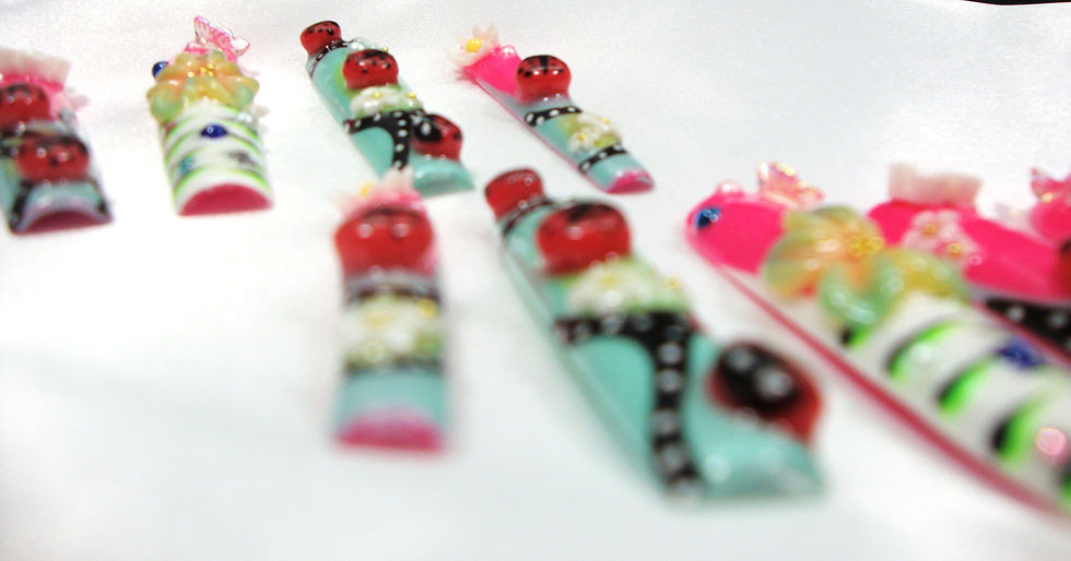 Thumbnail: Handmade 3D Extra Long Press-On Nails – Pink Floral Ladybug Set | Trendy Treasur