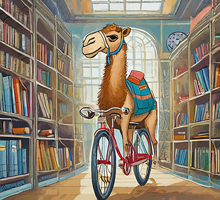 Firefly camel on a bicycle in a library 99582.jpg