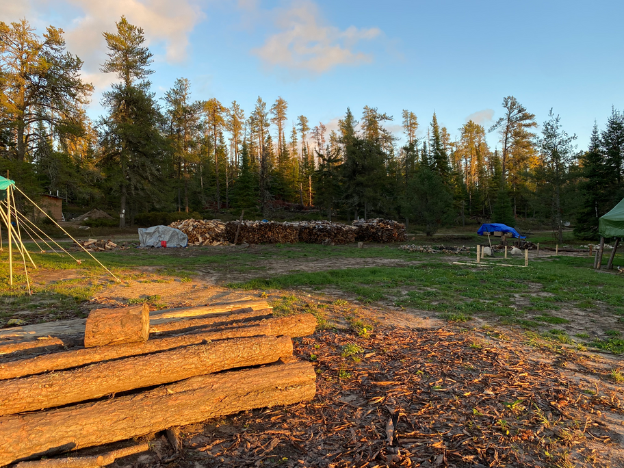 Logs in the foreground of the sawmill shop area