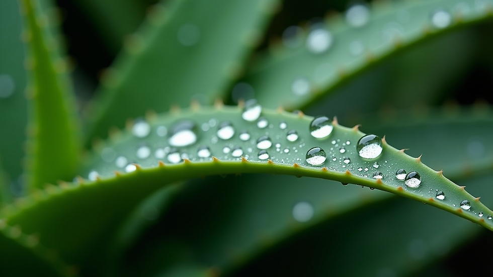 High angle view of droplets on a fresh aloe vera leaf
