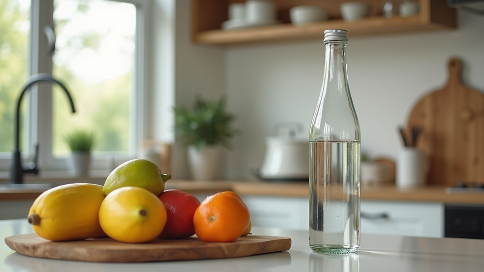 Close-up of a water bottle and fresh fruit on a kitchen counter